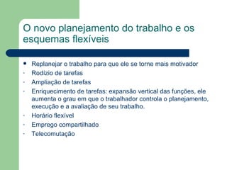 O novo planejamento do trabalho e os esquemas flexíveis Replanejar o trabalho para que ele se torne mais motivador Rodízio de tarefas Ampliação de tarefas Enriquecimento de tarefas: expansão vertical das funções, ele aumenta o grau em que o trabalhador controla o planejamento, execução e a avaliação de seu trabalho. Horário flexível Emprego compartilhado Telecomutação  