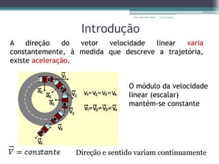 Introdução
Direção e sentido variam continuamente
A direção do vetor velocidade linear varia
constantemente, à medida que descreve a trajetória,
existe aceleração.
O módulo da velocidade
linear (escalar)
mantém-se constante
01/04/2023
Prof. Wendell Julião
 