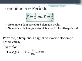 Frequência e Período
• No tempo T (um período) é efetuada 1 volta
• Na unidade de tempo serão efetuadas f voltas (frequência)
f
Portanto, a frequência é igual ao inverso do tempo
e vice-versa.
Exemplo:
T = 0,5 s
01/04/2023
Prof. Wendell Julião
 