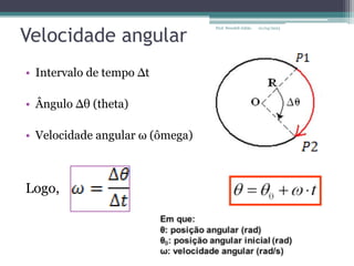 Velocidade angular
• Intervalo de tempo ∆t
• Ângulo ∆θ (theta)
• Velocidade angular ω (ômega)
Logo,
01/04/2023
Prof. Wendell Julião
 