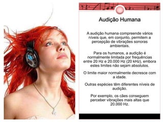 Audição Humana 
A audição humana compreende vários 
níveis que, em conjunto, permitem a 
percepção de vibrações sonoras 
ambientais. 
Para os humanos, a audição é 
normalmente limitada por frequências 
entre 20 Hz e 20.000 Hz (20 kHz), embora 
estes limites não sejam absolutos. 
O limite maior normalmente decresce com 
a idade. 
Outras espécies têm diferentes níveis de 
audição. 
Por exemplo, os cães conseguem 
perceber vibrações mais altas que 
20.000 Hz. 
 