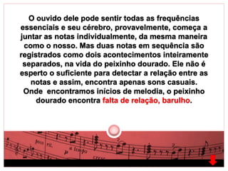 O ouvido dele pode sentir todas as frequências 
essenciais e seu cérebro, provavelmente, começa a 
juntar as notas individualmente, da mesma maneira 
como o nosso. Mas duas notas em sequência são 
registrados como dois acontecimentos inteiramente 
separados, na vida do peixinho dourado. Ele não é 
esperto o suficiente para detectar a relação entre as 
notas e assim, encontra apenas sons casuais. 
Onde encontramos inícios de melodia, o peixinho 
dourado encontra falta de relação, barulho. 
 