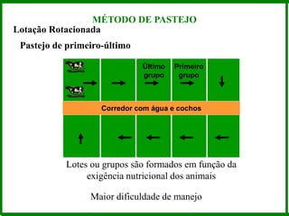 Lotação Rotacionada
Pastejo de primeiro-último
Corredor com água e cochos
Último
grupo
Primeiro
grupo
Lotes ou grupos são formados em função da
exigência nutricional dos animais
Maior dificuldade de manejo
MÉTODO DE PASTEJO
 