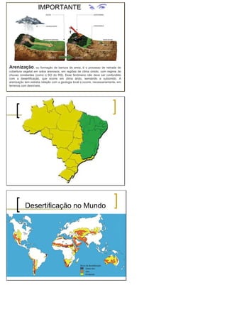 IMPORTANTE
Arenização, ou formação de bancos de areia, é o processo de retirada de
cobertura vegetal em solos arenosos, em regiões de clima úmido, com regime de
chuvas constantes (como o SO do RS). Esse fenômeno não deve ser confundido
com a desertificação, que ocorre em clima árido, semiárido e subúmido. A
arenização tem estreita relação com a geologia local e ocorre, necessariamente, em
terrenos com desníveis.
Desertificação no Mundo
Fonte: Plano Nacional de Combate à Desertificação (PNCD)
 
