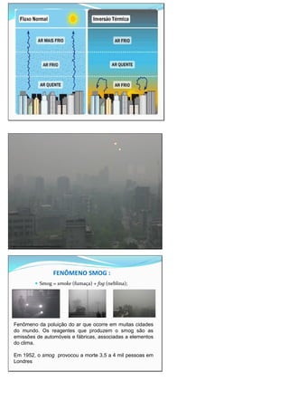 thiago.luciano.googlepages.com/inversao.jpg/i...
FENÔMENO SMOG :
Smog = smoke (fumaça) + fog (neblina);
Fenômeno da poluição do ar que ocorre em muitas cidades
do mundo. Os reagentes que produzem o smog são as
emissões de automóveis e fábricas, associadas a elementos
do clima.
Em 1952, o smog provocou a morte 3,5 a 4 mil pessoas em
Londres
 
