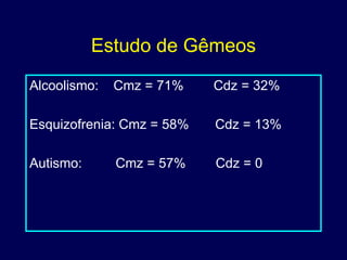 Estudo de Gêmeos
Alcoolismo:   Cmz = 71%    Cdz = 32%

Esquizofrenia: Cmz = 58%   Cdz = 13%

Autismo:      Cmz = 57%    Cdz = 0
 