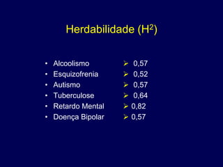 Herdabilidade (H2)

•   Alcoolismo          0,57
•   Esquizofrenia       0,52
•   Autismo             0,57
•   Tuberculose         0,64
•   Retardo Mental      0,82
•   Doença Bipolar      0,57
 