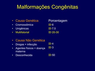 Malformações Congênitas

• Causa Genética:            Porcentagem
• Cromossômica               6
• Unigênicas                 7.5
• Multifatorial              20-30


• Causa Não Genética
• Drogas + infecção          4
• Agentes físicos + doença   3
  materna
• Desconhecida               50
 