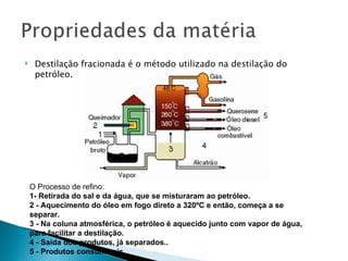     Destilação fracionada é o método utilizado na destilação do
     petróleo.




    O Processo de refino:
    1- Retirada do sal e da água, que se misturaram ao petróleo.
    2 - Aquecimento do óleo em fogo direto a 320ºC e então, começa a se
    separar.
    3 - Na coluna atmosférica, o petróleo é aquecido junto com vapor de água,
    para facilitar a destilação.
    4 - Saída dos produtos, já separados..
    5 - Produtos consumíveis.
 