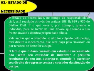 03.- ESTADO DE

NECESSIDADE
    O estado de necessidade, no campo da responsabilidade
    civil, está regulado através dos artigos 188, II; 929 e 930 do
    Código Civil. É o que ocorre, por exemplo, quando o
    indivíduo, para se livrar de uma árvore que tomba à sua
    frente, invade e danifica propriedade alheia.
    Vale anotar que o ofendido, se não for culpado pelo perigo,
    terá direito a indenização, que será paga pelo “invasor” ou
    por terceiro, se deste for a culpa.
    O fato é que o dano causado em estado de necessidade
    não isenta seu causador de indenizar o prejuízo
    resultante do seu ato, autoriza-o, contudo, a exercitar
    seu direito de regresso contra o causador da situação de
    perigo.
 