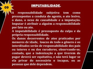 IMPUTABILIDADE.
09
     A responsabilidade subjetiva tem como
     pressupostos a conduta do agente, o ato lesivo,
     o dano, o nexo de causalidade e a imputação.
     Imputar é atribuir a alguém a responsabilidade
     por fato ou ato.
     A imputabilidade é pressuposto da culpa e da
     própria responsabilidade.
     Os danos decorrentes de atos praticados por
     menores de idade, loucos de todo o gênero e os
     interditados serão de responsabilidade dos pais
     ou tutores e ou dos curadores, observando-se,
     contudo, que a indenização a que tiverem de
     pagar deverá ser equitativa, e não terá lugar se
     ela privar do necessário o incapaz, ou as
     pessoas que dele dependem.
 