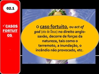 02.1



CASOS      O caso fortuito, ou act of
FORTUIT   god (ato de Deus) no direito anglo-
  OS        saxão, decorre de forças da
               natureza, tais como o
             terremoto, a inundação, o
   .       incêndio não provocado, etc.
 