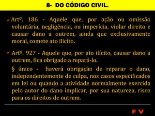 8- DO CÓDIGO CIVIL.

Artº. 186 - Aquele que, por ação ou omissão
  voluntária, negligência, ou imperícia, violar direito e
  causar dano a outrem, ainda que exclusivamente
  moral, comete ato ilícito.
 Artº. 927 - Aquele que, por ato ilícito, causar dano a
  outrem, fica obrigado a repará-lo.
  § único - haverá obrigação de reparar o dano,
  independentemente de culpa, nos casos especificados
  em lei ou quando a atividade normalmente exercida
  pelo autor do dano implicar, por sua natureza, risco
  para os direitos de outrem.

                                                 FV
 