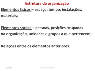 Estrutura da organização  Elementos físicos  – espaço, tempo, instalações,  materiais; Elementos sociais  – pessoas, posições ocupadas  na organização, unidades e grupos a que pertencem; Relações entre os elementos anteriores. Dra. Miriam Pascoal  06/11/11 
