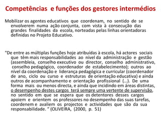 Competências  e funções dos gestores intermédios  Mobilizar os agentes educativos  que  coordenam,  no  sentido  de  se  envolverem  numa  ação conjunta,  com  vista  à  consecução  das  grandes  finalidades  da  escola, norteadas pelas linhas orientadoras definidas no Projeto Educativo.  “ De entre as múltiplas funções hoje atribuídas à escola, há actores  sociais  que  têm mais responsabilidades  ao  nível da  administração  e  gestão  (assembleia,  conselho executivo  ou  director,  conselho  administrativo,  conselho pedagógico,  coordenador  de  estabelecimento);  outros  ao nível da coordenação e  liderança pedagógica e curricular (coordenador  de  ano,  ciclo  ou  curso  e  estruturas  de orientação educativa) e ainda outros de acompanhamento e  orientação  profissional  (…).  De  uma  forma  mais  ou menos directa, e ainda que incidindo em áreas distintas,  o desempenho destes cargos  terá sempre uma vertente de supervisão ,  no  sentido  em  que  se  espera  que  os detentores  desses  cargos  apoiem  e  orientem  os professores no desempenho das suas tarefas, coordenem e  avaliem  os  projectos  e  actividades  que  são  da  sua responsabilidade. “ (OLIVEIRA,  (2000,  p.  51)  