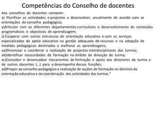 Competências do Conselho de docentes Aos  conselhos  de  docentes  compete:  a)  Planificar  as  actividades  e projectos  a  desenvolver,  anualmente  de  acordo  com  as  orientações  do conselho  pedagógico;  Articular  com  os  diferentes  departamentos curriculares  o  desenvolvimento  de  conteúdos  programáticos  e  objectivos  de aprendizagem;  Cooperar  com  outras  estruturas  de  orientação  educativa  e com  os  serviços  especializados  de  apoio  educativo  na  gestão  adequada  de recursos  e  na  adopção  de  medidas  pedagógicas  destinadas  a  melhorar  as  aprendizagens;  Dinamizar  e  coordenar  a  realização  de  projectos interdisciplinares  das  turmas;  Identificar  necessidades  de  formação  no âmbito  da  direcção  de  turma;  Conceber  e  desencadear  mecanismos  de formação  e  apoio  aos  directores  de  turma  e  de  outros  docentes  (…)  para  o desempenho dessas  funções;  Propor ao conselho pedagógico a realização de acções de formação no domínio da orientação educativa e da coordenação  das actividades das turmas.”  