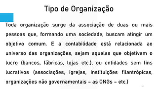 Tipo de Organização
Toda organização surge da associação de duas ou mais
pessoas que, formando uma sociedade, buscam atingir um
objetivo comum. E a contabilidade está relacionada ao
universo das organizações, sejam aquelas que objetivam o
lucro (bancos, fábricas, lojas etc.), ou entidades sem fins
lucrativos (associações, igrejas, instituições filantrópicas,
organizações não governamentais – as ONGs – etc.)
13
 