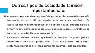 Outros tipos de sociedade também
importantes são:
❑As cooperativas, que visam ao benefício particular dos associados, que não
diretamente ao lucro. Há um objetivo mais social do econômico. Os
associados têm o direito de deliberar, de decidir nas assembleias gerais e
também na administração da cooperativa, o que não impede a contratação de
diretores ou gerentes técnicos para esse fim:
❑ A empresa individual, ou seja, organização formada por uma pessoa jurídica
pertencente a uma única pessoa física. É ela que assume todo o risco,
recebendo os lucros ou sofrendo os prejuízos decorrentes de sua atividade.
17
 