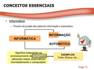 Informática Provém da junção das palavras informação e automática. INFORMÁTICA INFORMAÇÃO AUTOMÁTICA Significa tratamento ou processamento da informação, utilizando meios automáticos, nomeadamente o computador. EXEMPLOS:   Texto; Música; etc… 