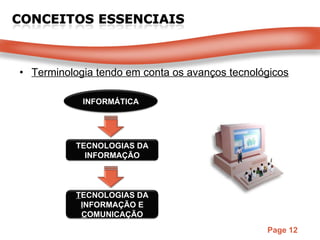 Terminologia tendo em conta os avanços tecnológicos INFORMÁTICA TECNOLOGIAS DA INFORMAÇÃO T ECNOLOGIAS DA  I NFORMAÇÃO E  C OMUNICAÇÃO 