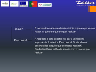 O quê?       É necessário saber-se desde o inicio o que é que vamos
             Fazer. O que se é que se quer realizar

             A resposta a esta questão vai dar a verdadeira
Para quem?
             importância à anterior. Para quem? Quais são os
             destinatários daquilo que se deseja realizar?
             Os destinatários estão de acordo com o que se quer
             realizar.
 