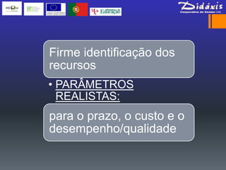 Firme identificação dos
recursos
• PARÂMETROS
  REALISTAS:
para o prazo, o custo e o
desempenho/qualidade
 