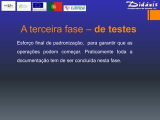 A terceira fase – de testes
Esforço final de padronização, para garantir que as
operações podem começar. Praticamente toda a
documentação tem de ser concluída nesta fase.
 