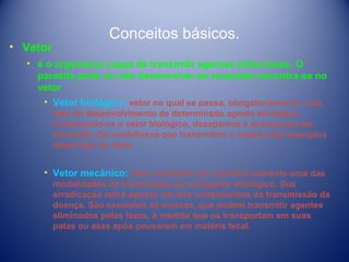 • Vetor

Conceitos básicos.

• é o organismo capaz de transmitir agentes infecciosos. O
parasita pode ou não desenvolver-se enquanto encontra-se no
vetor
• Vetor biológico: vetor no qual se passa, obrigatoriamente, uma
fase do desenvolvimento de determinado agente etiológico;
erradicando-se o vetor biológico, desaparece a doença que ele
transmite. Os anofelíneos que transmitem a malária são exemplos
desse tipo de vetor;

• Vetor mecânico: vetor acidental que constitui somente uma das
modalidades da transmissão de um agente etiológico. Sua
erradicação retira apenas um dos componentes da transmissão da
doença. São exemplos as moscas, que podem transmitir agentes
eliminados pelas fezes, à medida que os transportam em suas
patas ou asas após pousarem em matéria fecal.

 