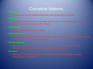 •

Anfixenose

Conceitos básicos.

­ Doença que circula indiferentemente entre humanos e animais
•

Enzoose
­ Doença exclusivamente de animais (peste suína, o trematódeo Dioctophine
renale, parasitando rim de cão e lobo.)

•

Antroponose
­ Doença exclusivamente humana.

•

Antropozoonose
­ Doença primária de animais que pode ser transmitida aos humanos (brucelose,
o homem é um hospedeiro acidental)

•

Zooantroponose
­ Doença primária dos humanos que pode ser transmitida aos animias
(esquistossomose, o homem é o principal hospedeiro).

•

Zoonose
­ Doenças e infecções que são naturalmente transmitidas entre animais
vertebrados e o homem.

 