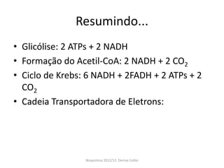 Resumindo...
• Glicólise: 2 ATPs + 2 NADH
• Formação do Acetil-CoA: 2 NADH + 2 CO2
• Ciclo de Krebs: 6 NADH + 2FADH + 2 ATPs + 2
  CO2
• Cadeia Transportadora de Eletrons:




                 Bioquimica 2012/13. Denise Colito
 