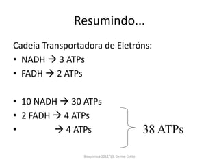 Resumindo...
Cadeia Transportadora de Eletróns:
• NADH  3 ATPs
• FADH  2 ATPs

• 10 NADH  30 ATPs
• 2 FADH  4 ATPs
•         4 ATPs                                    38 ATPs

                 Bioquimica 2012/13. Denise Colito
 