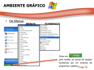Os Menus Clicar em   para aceder ao painel de opções constituído por um conjunto de programas e atalhos MENUS SUBMENUS 