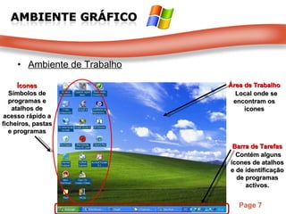 Ambiente de Trabalho Área de Trabalho Local onde se encontram os ícones Barra de Tarefas Contém alguns ícones de atalhos e de identificação de programas activos. Ícones Símbolos de programas e atalhos de acesso rápido a ficheiros, pastas e programas 