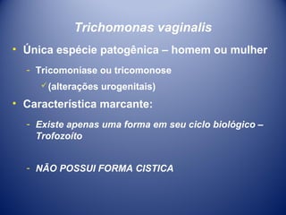 Trichomonas vaginalis
• Única espécie patogênica – homem ou mulher
­ Tricomoníase ou tricomonose
 (alterações

urogenitais)

• Característica marcante:
­ Existe apenas uma forma em seu ciclo biológico –
Trofozoíto
­ NÃO POSSUI FORMA CISTICA

 