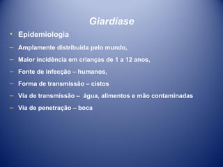 Giardíase
• Epidemiologia
– Amplamente distribuída pelo mundo,
– Maior incidência em crianças de 1 a 12 anos,
– Fonte de infecção – humanos,
– Forma de transmissão – cistos
– Via de transmissão – água, alimentos e mão contaminadas
– Via de penetração – boca

 