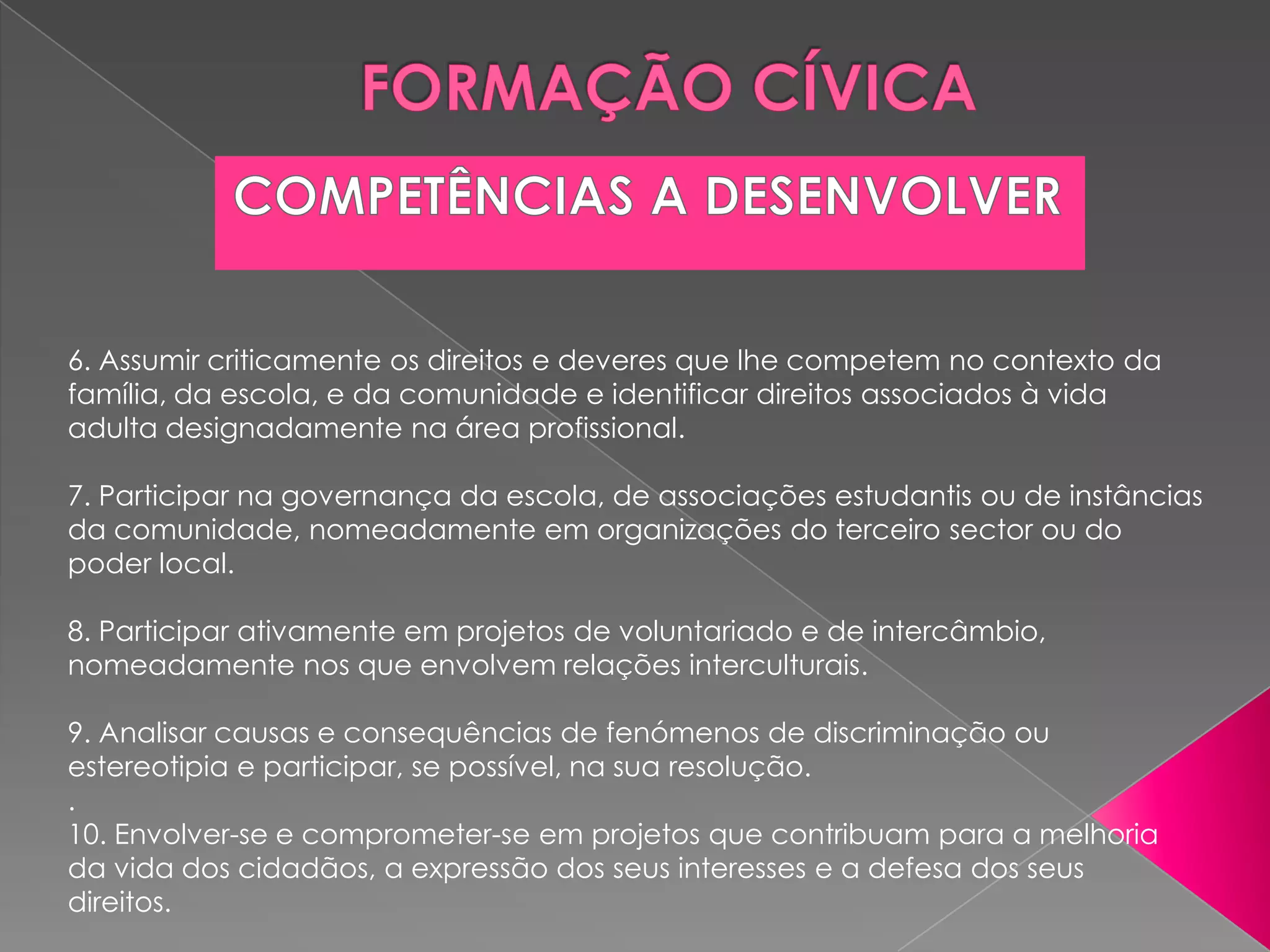 6. Assumir criticamente os direitos e deveres que lhe competem no contexto da
família, da escola, e da comunidade e identificar direitos associados à vida
adulta designadamente na área profissional.

7. Participar na governança da escola, de associações estudantis ou de instâncias
da comunidade, nomeadamente em organizações do terceiro sector ou do
poder local.

8. Participar ativamente em projetos de voluntariado e de intercâmbio,
nomeadamente nos que envolvem relações interculturais.

9. Analisar causas e consequências de fenómenos de discriminação ou
estereotipia e participar, se possível, na sua resolução.
.
10. Envolver-se e comprometer-se em projetos que contribuam para a melhoria
da vida dos cidadãos, a expressão dos seus interesses e a defesa dos seus
direitos.
 
