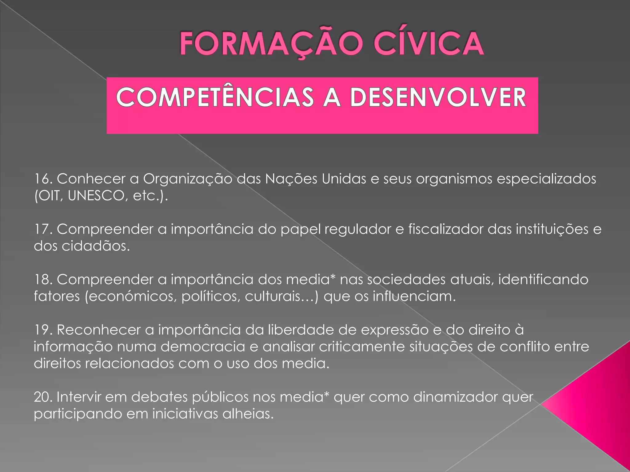 16. Conhecer a Organização das Nações Unidas e seus organismos especializados
(OIT, UNESCO, etc.).

17. Compreender a importância do papel regulador e fiscalizador das instituições e
dos cidadãos.

18. Compreender a importância dos media* nas sociedades atuais, identificando
fatores (económicos, políticos, culturais…) que os influenciam.

19. Reconhecer a importância da liberdade de expressão e do direito à
informação numa democracia e analisar criticamente situações de conflito entre
direitos relacionados com o uso dos media.

20. Intervir em debates públicos nos media* quer como dinamizador quer
participando em iniciativas alheias.
 