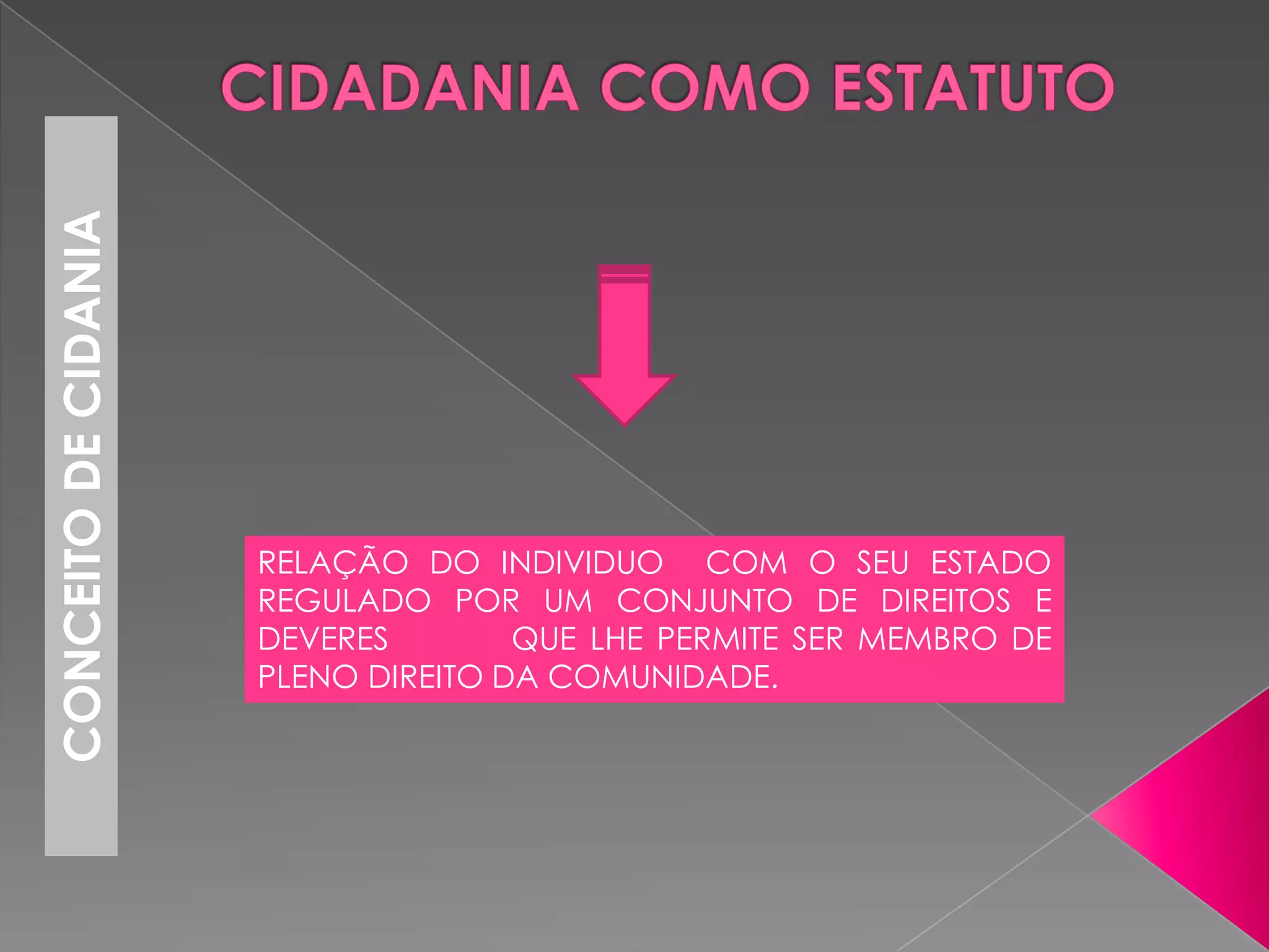 CONCEITO DE CIDANIA




                      RELAÇÃO DO INDIVIDUO COM O SEU ESTADO
                      REGULADO POR UM CONJUNTO DE DIREITOS E
                      DEVERES        QUE LHE PERMITE SER MEMBRO DE
                      PLENO DIREITO DA COMUNIDADE.
 