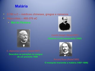 Malária
•

2.700 a.C – médicos chineses, gregos e romanos

•

Hipocrátes – 460-370 aC
• Mal do Pântano

Camilo Golghi (Nobel1907)
Observa o ciclo assexuado (1886)

C. Alphonse Laveran (Nobel1907)
Descobre os parasitas no sangue
de um paciente 1880
Ronald Ross (Nobel1902)
O mosquito transmite a malária (1897-1898)

 