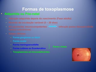 Formas de toxoplasmose
• Adquirida ou Pós-natal
­ Infecção adquirida depois do nascimento (Fase adulta)
­ Período de incubação variável (5 – 20 dias)
­ Em pacientes imunocompetentes
(casos subclínicos)

infecção passa desapercebida

­ Casos clínicos
­ Forma ganglionar ou febril
­ Forma ocular
­ Forma meningoencefalite
­ Forma cutânea ou Exantemática
­ Toxoplasmose em Imunodeficientes

Raras e fatais

 