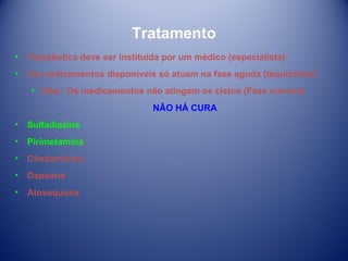 Tratamento
• Terapêutica deve ser instituída por um médico (especialista)
• Os medicamentos disponíveis só atuam na fase aguda (taquizoítos)
• Obs.: Os medicamentos não atingem os cistos (Fase crônica)
NÂO HÁ CURA
• Sulfadiazina
• Pirimetamina,
• Clindamicina
• Dapsona
• Atovaquona

 