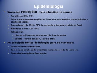 Epidemiologia
• Umas das INFECÇÕES mais difundida no mundo
­ Prevalência: 23% - 83%
­ Encontrada em todas as regiões da Terra, nos mais variados climas,altitudes e
condições sociais
­ Guimarães e cols. 1993 – 60% da pop tenha entrado em contato no Brasil
­ Mamíferos e aves: 12% - 64%
­ Felinos: 75%
­ Liberam milhares de oocistos por dia durante meses
­ Oocisto – viáveis por até 1, 5 ano (5 anos)

• As principais fontes de infecção para os humanos:
­ Caixas de areia contaminadas,
­ Carne crua ou mal cozida, embutidos mal cozidos, leite de cabra cru,
­ Transmissão congênita (fase aguda)

 