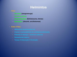 Helmintos
­ Filos:
­ Annelida (sanguessuga)
­ Acanthocephala
­ Platyhelminthes (Schistosoma, tênias)
­ Nematoda (Ascaris, ancilóstomas)
­ Estes 4 filos:
­ Altamente disseminados AL
­ Causa e conseqüência do subdesenvolvimento
­ Pobreza X doença – amarras culturais
­ Saneamento básico
­ Tempo X Educação X Evolução

 