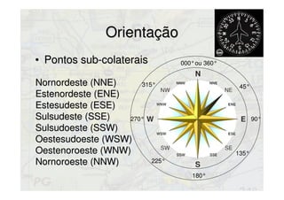 OrientaçãoOrientação
• Pontos sub-colateraisPontos sub-colaterais
Nornordeste (NNE)Nornordeste (NNE)
Estenordeste (ENE)Estenordeste (ENE)
Estesudeste (ESE)Estesudeste (ESE)
Sulsudeste (SSE)Sulsudeste (SSE)
Sulsudoeste (SSW)Sulsudoeste (SSW)
Oestesudoeste (WSW)Oestesudoeste (WSW)
Oestenoroeste (WNW)Oestenoroeste (WNW)
Nornoroeste (NNW)Nornoroeste (NNW)
000° ou 360°
045°
090°
135°
180°
225°
270°
315°
 
