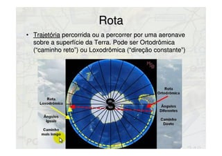 RotaRota
• TrajetóriaTrajetória percorrida ou a percorrer por uma aeronavepercorrida ou a percorrer por uma aeronave
sobre a superfície da Terra. Pode ser Ortodrômicasobre a superfície da Terra. Pode ser Ortodrômica
(“caminho reto”) ou Loxodrômica (“direção constante”)(“caminho reto”) ou Loxodrômica (“direção constante”)
 