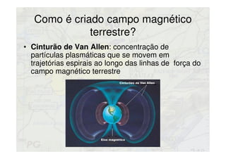 Como é criado campo magnético
terrestre?
• Cinturão de Van Allen: concentração de
partículas plasmáticas que se movem em
trajetórias espirais ao longo das linhas de força do
campo magnético terrestre
 