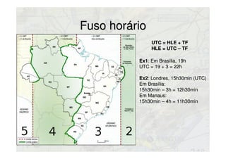 Fuso horárioFuso horário
UTC = HLE + TFUTC = HLE + TF
HLE = UTC – TFHLE = UTC – TF
Ex1Ex1: Em Brasília, 19h: Em Brasília, 19h
UTC = 19 + 3 = 22hUTC = 19 + 3 = 22h
Ex2Ex2: Londres, 15h30min (UTC): Londres, 15h30min (UTC)
Em Brasília:Em Brasília:
15h30min – 3h = 12h30min15h30min – 3h = 12h30min
Em Manaus:Em Manaus:
15h30min – 4h = 11h30min15h30min – 4h = 11h30min
 