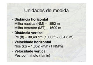Unidades de medidaUnidades de medida
• Distância horizontalDistância horizontal
Milha náutica (NM) – 1852 mMilha náutica (NM) – 1852 m
Milha terrestre (MT) – 1609 mMilha terrestre (MT) – 1609 m
• Distância verticalDistância vertical
Pé (ft) – 30,48 cm (1000 ft = 304,8 m)Pé (ft) – 30,48 cm (1000 ft = 304,8 m)
• Velocidade horizontalVelocidade horizontal
Nós (kt) – 1,852 km/h (1 NM/h)Nós (kt) – 1,852 km/h (1 NM/h)
• Velocidade verticalVelocidade vertical
Pés por minuto (ft/min)Pés por minuto (ft/min)
 