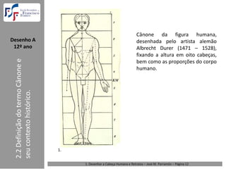 Cânone da figura humana,
Desenho A                                                                  desenhada pelo artista alemão
 12º ano                                                                   Albrecht Durer (1471 – 1528),
                                                                           fixando a altura em oito cabeças,
 2.2 Definição do termo Cânone e 




                                                                           bem como as proporções do corpo
                                                                           humano.
 seu contexto histórico.




                                    1.


                                         1. Desenhar a Cabeça Humana e Retratos – José M. Parramón – Página 12 
 