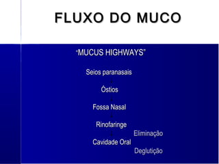 FLUXO DO MUCOFLUXO DO MUCO
““MUCUS HIGHWAYS”MUCUS HIGHWAYS”
Seios paranasaisSeios paranasais
ÓstiosÓstios
Fossa NasalFossa Nasal
RinofaringeRinofaringe
EliminaçãoEliminação
Cavidade OralCavidade Oral
DeglutiçãoDeglutição
 